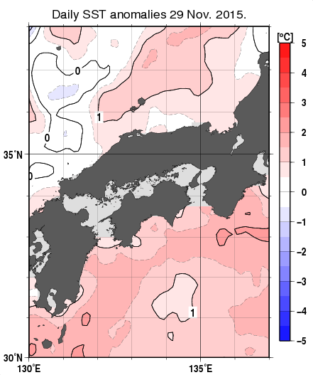 近畿・中国・四国周辺海域の海面水温平年差分布図（11月29日）