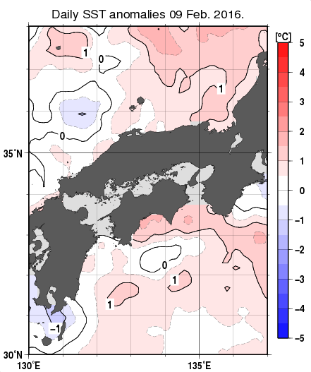 近畿・中国・四国周辺海域の海面水温平年差分布図（2月9日）