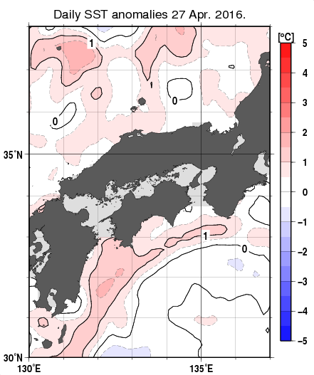 近畿・中国・四国周辺海域の海面水温平年差分布図（4月27日）