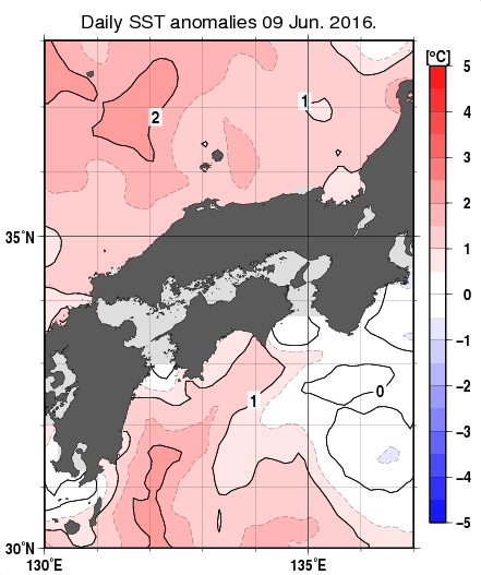 近畿・中国・四国周辺海域の海面水温平年差分布図（6月9日）