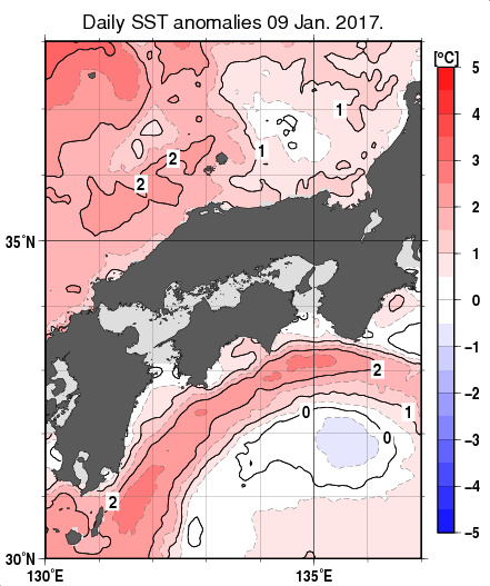 近畿・中国・四国周辺海域の海面水温平年差分布図（1月9日）