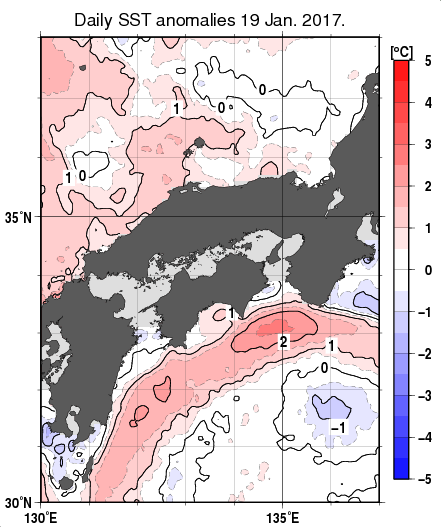 近畿・中国・四国周辺海域の海面水温平年差分布図（1月19日）