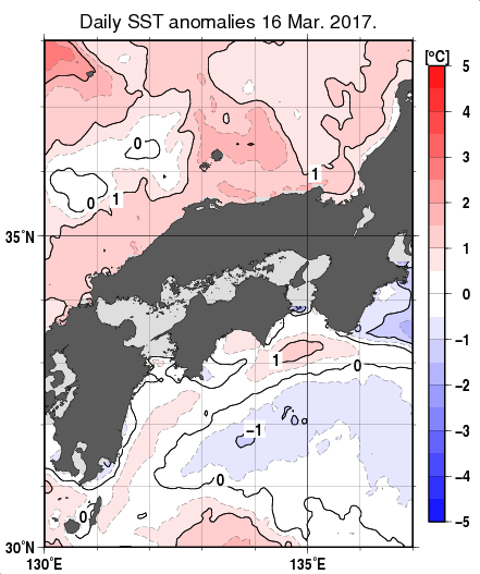 近畿・中国・四国周辺海域の海面水温平年差分布図（3月16日）