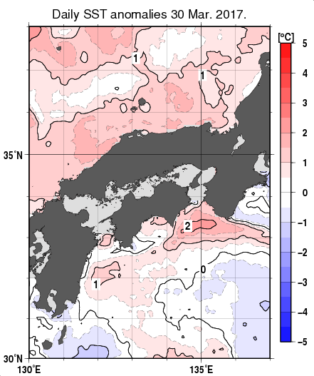 近畿・中国・四国周辺海域の海面水温平年差分布図（3月30日）