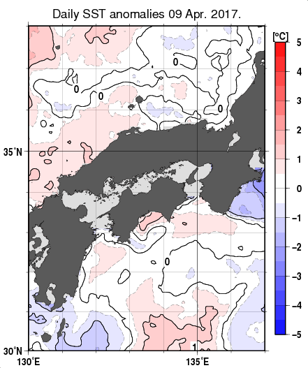 近畿・中国・四国周辺海域の海面水温平年差分布図（4月9日）
