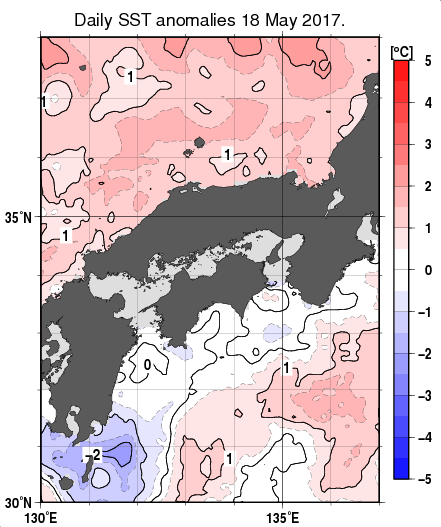 近畿・中国・四国周辺海域の海面水温平年差分布図（5月18日）