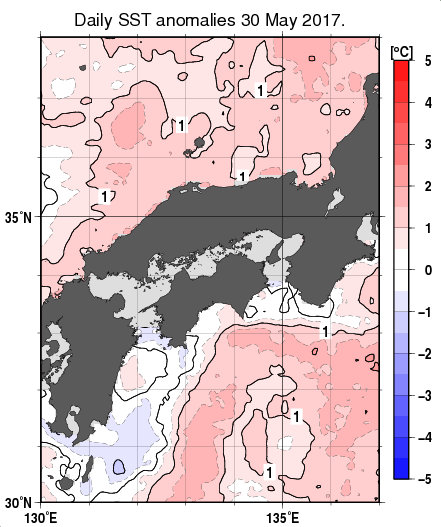 近畿・中国・四国周辺海域の海面水温平年差分布図（5月30日）