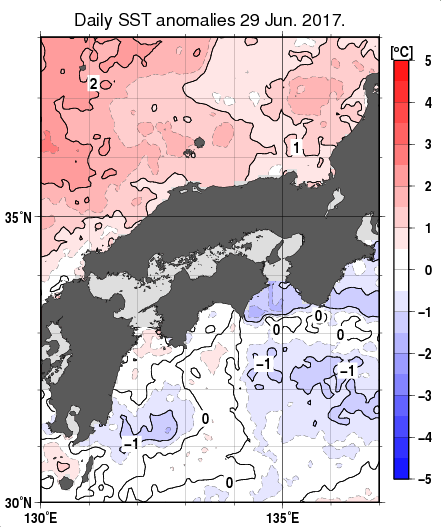 近畿・中国・四国周辺海域の海面水温平年差分布図（6月29日）