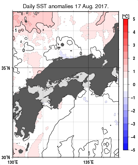 近畿・中国・四国周辺海域の海面水温平年差分布図（8月17日）
