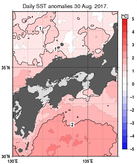 近畿・中国・四国周辺海域の海面水温平年差分布図（8月30日）