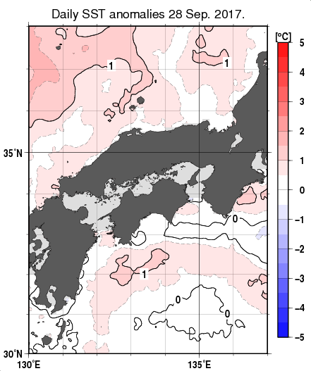 近畿・中国・四国周辺海域の海面水温平年差分布図（9月28日）