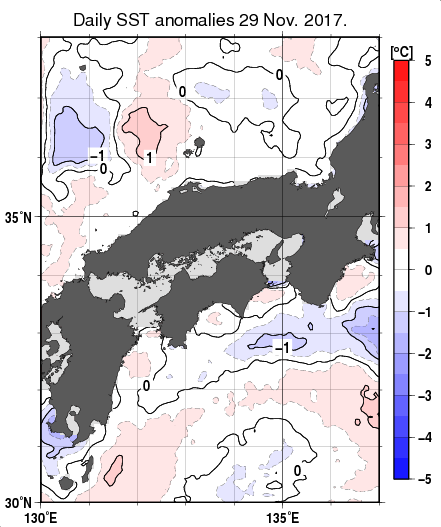近畿・中国・四国周辺海域の海面水温平年差分布図（11月29日）