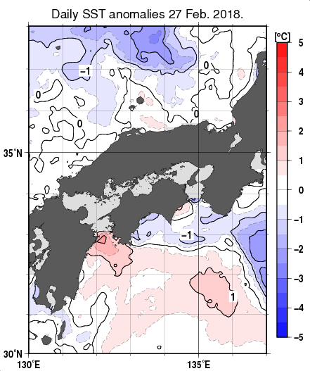 近畿・中国・四国周辺海域の海面水温平年差分布図（2月27日）
