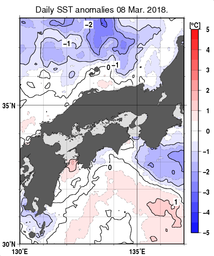 近畿・中国・四国周辺海域の海面水温平年差分布図（3月8日）