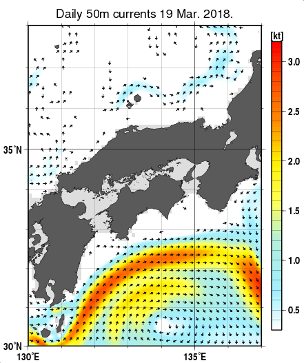 近畿・中国・四国周辺海域の深さ50mの海流分布図（3月19日）
