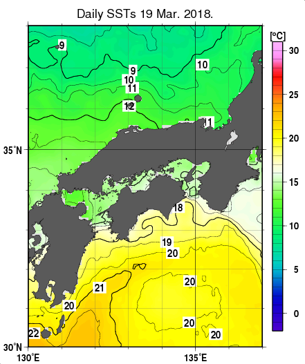 近畿・中国・四国周辺海域の海面水温分布図（3月19日）