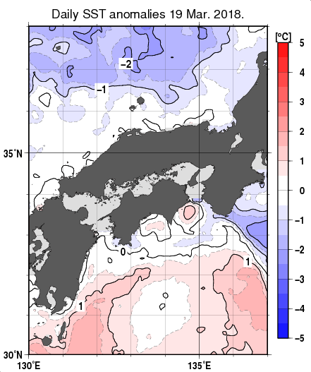 近畿・中国・四国周辺海域の海面水温平年差分布図（3月19日）