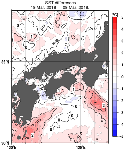 近畿・中国・四国周辺海域の10日間の海面水温変化量分布図（3月19日）