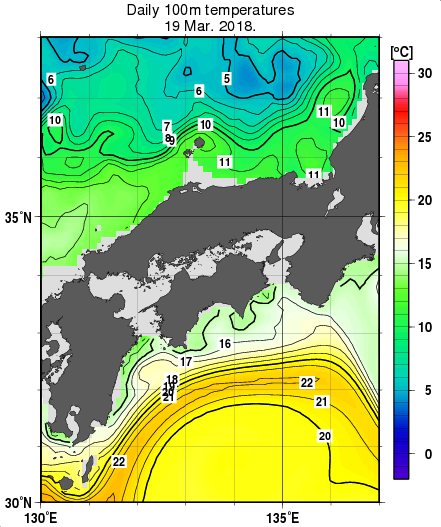 近畿・中国・四国周辺海域の深さ100mの水温分布図（3月19日）