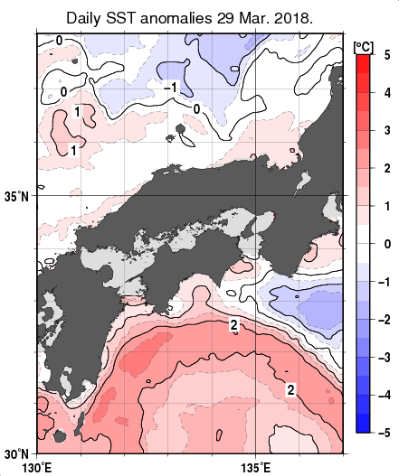 近畿・中国・四国周辺海域の海面水温平年差分布図（3月29日）