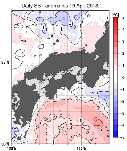 近畿・中国・四国周辺海域の海面水温平年差分布図（4月19日）