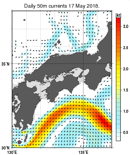 近畿・中国・四国周辺海域の深さ50mの海流分布図（5月17日）
