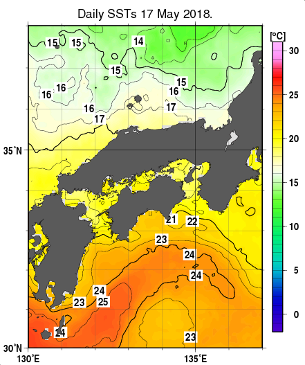 近畿・中国・四国周辺海域の海面水温分布図（5月17日）
