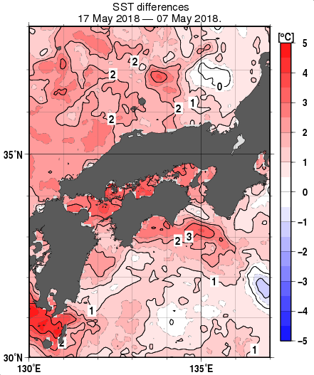 近畿・中国・四国周辺海域の10日間の海面水温変化量分布図（5月17日）