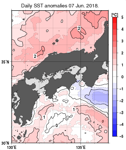 近畿・中国・四国周辺海域の海面水温平年差分布図（6月7日）