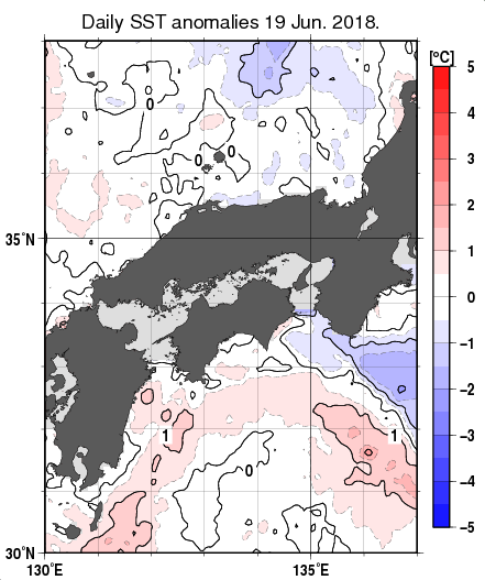 近畿・中国・四国周辺海域の海面水温平年差分布図（6月19日）