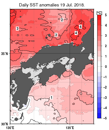 近畿・中国・四国周辺海域の海面水温平年差分布図（7月19日）