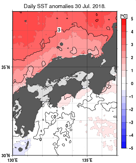 近畿・中国・四国周辺海域の海面水温平年差分布図（7月30日）