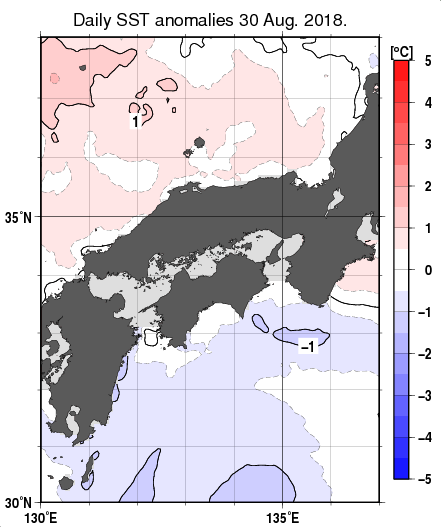 近畿・中国・四国周辺海域の海面水温平年差分布図（8月30日）