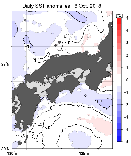 近畿・中国・四国周辺海域の海面水温平年差分布図（10月18日）