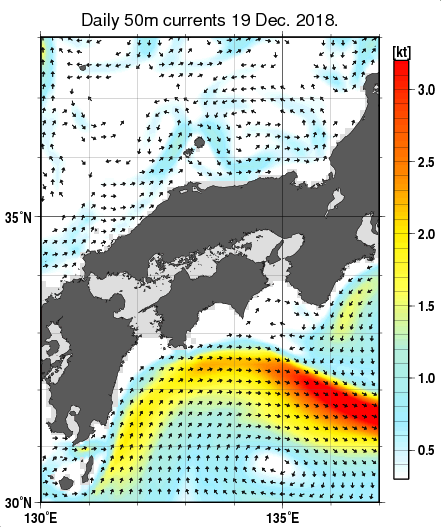 近畿・中国・四国周辺海域の深さ50mの海流分布図（12月19日）