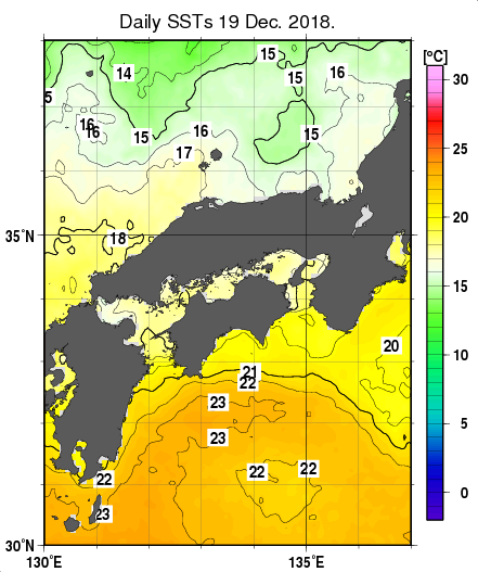近畿・中国・四国周辺海域の海面水温分布図（12月19日）