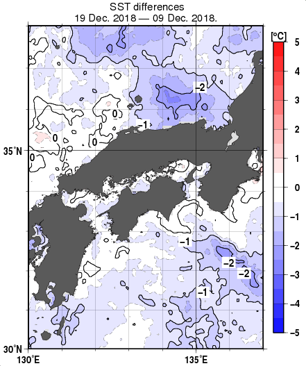 近畿・中国・四国周辺海域の10日間の海面水温変化量分布図（12月19日）