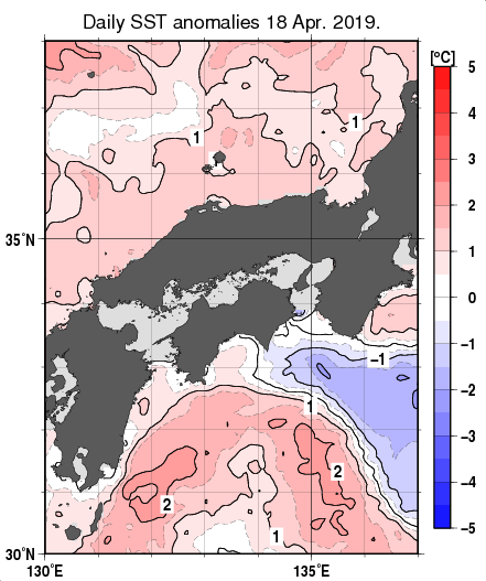 近畿・中国・四国周辺海域の海面水温平年差分布図（4月18日）
