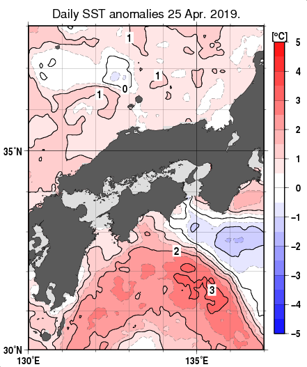 近畿・中国・四国周辺海域の海面水温平年差分布図（4月25日）