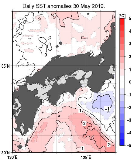近畿・中国・四国周辺海域の海面水温平年差分布図（5月30日）