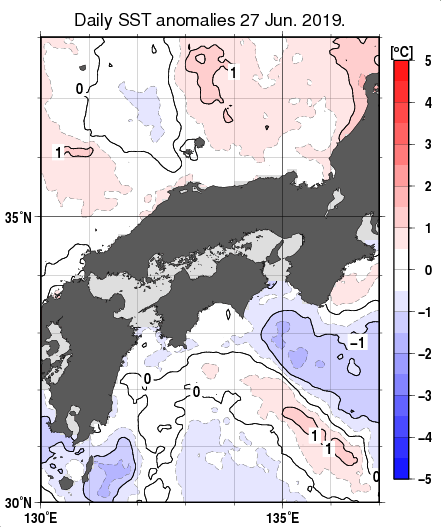 近畿・中国・四国周辺海域の海面水温平年差分布図（6月27日）