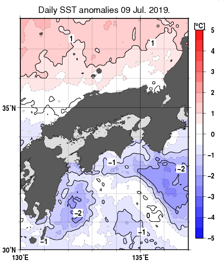 近畿・中国・四国周辺海域の海面水温平年差分布図（7月9日）