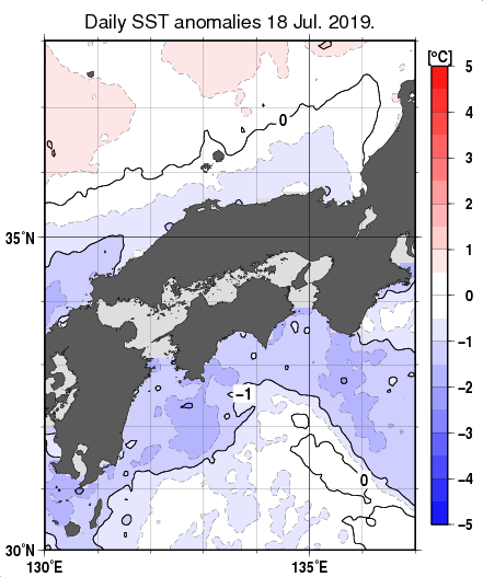 近畿・中国・四国周辺海域の海面水温平年差分布図（7月18日）