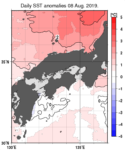 近畿・中国・四国周辺海域の海面水温平年差分布図（8月8日）