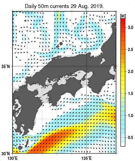 近畿・中国・四国周辺海域の深さ50mの海流分布図（8月29日）