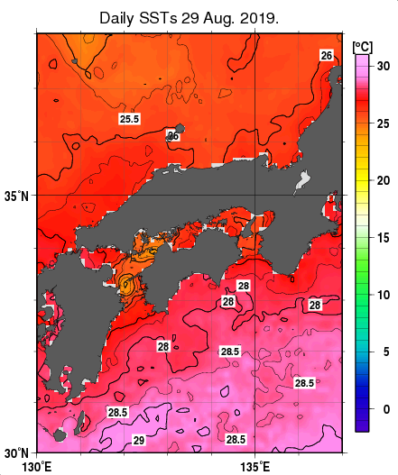 近畿・中国・四国周辺海域の海面水温分布図（8月29日）