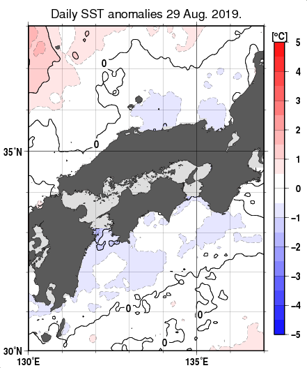 近畿・中国・四国周辺海域の海面水温平年差分布図（8月29日）