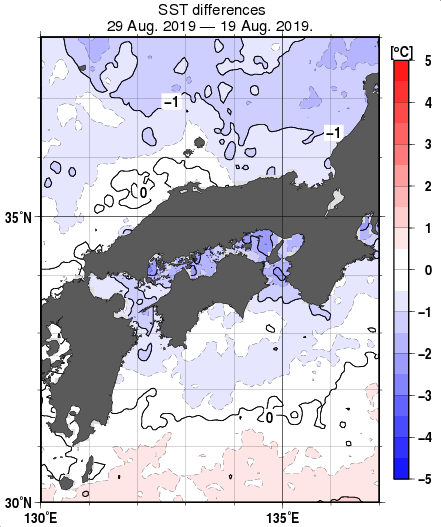 近畿・中国・四国周辺海域の10日間の海面水温変化量分布図（8月29日）