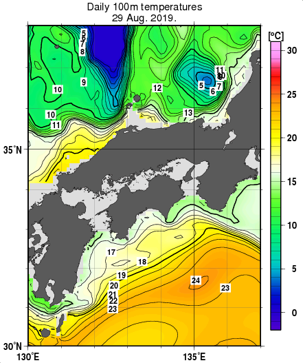 近畿・中国・四国周辺海域の深さ100mの水温分布図（8月29日）