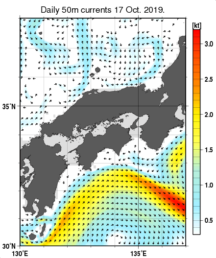 近畿・中国・四国周辺海域の深さ50mの海流分布図（10月17日）